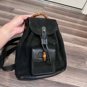 GUCCI Vintage Y2K Black Suede Leather Mini Small Bamboo Backpack Made in Italy